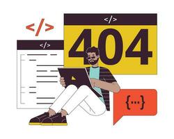 Entwickler Webseite erstellen Error 404 Blitz Botschaft. afrikanisch amerikanisch Programmierer Arbeiten. leeren Zustand ui Design. Seite nicht gefunden aufpoppen Karikatur Bild. Vektor eben Illustration Konzept auf Weiß Hintergrund
