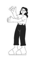 upphetsad latina kvinna stretching ut händer enfärgad platt vektor karaktär. brunett flicka Uppfostrad vapen. redigerbar tunn linje person på vit. enkel bw tecknad serie fläck bild för webb grafisk design