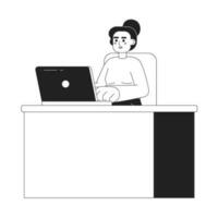 allvarlig caucasian lady Sammanträde på skrivbord 2d vektor svartvit isolerat fläck illustration. kvinna skriver på bärbar dator platt hand dragen karaktär på vit bakgrund. kontor arbete redigerbar översikt tecknad serie scen