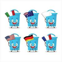 blå hink tecknad serie karaktär föra de flaggor av olika länder vektor