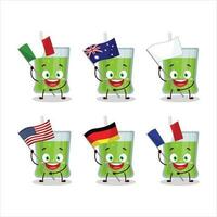 grön äpple juice tecknad serie karaktär föra de flaggor av olika länder vektor