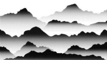 abstrakt Berg Hintergrund Vektor. Berg Landschaft mit Fading Punkt Wirkung, Halbton, Punkt Grunge Textur. schwarz und Weiß Hügel Kunst Hintergrund Design zum drucken, Mauer Kunst, Startseite und Innere. vektor