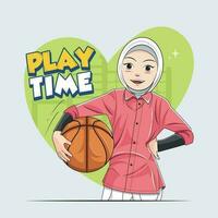 abspielen Zeit. ein wenig Mädchen im Hijab hält ein Basketball im ihr Hand Vektor Illustration kostenlos herunterladen