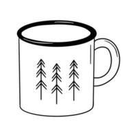 Emaille Metall Weiß und schwarz Becher mit Bäume isoliert auf Weiß Hintergrund. Camping Tasse Gekritzel. Vektor einfarbig Illustration.