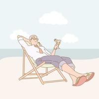 Ein Geschäftsmann im Hemd stellt sich vor, am Strand zu sitzen und einen Cocktail zu trinken. handgezeichnete Stilvektordesignillustrationen. vektor