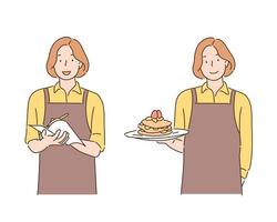 en servitris som bär ett förkläde serverar medan han antecknar i en anteckningsbok eller håller mat i ena handen. handritade illustrationer för stilvektordesign. vektor