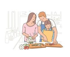pappa mamma och dotter lagar kärleksfullt mat. handritade illustrationer för stilvektordesign. vektor