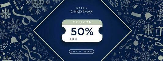 fröhlich Weihnachten Blau Banner 50 aus Coupon mit Kopieren Raum zum Code und Geschäft jetzt cta Taste. Blau Weihnachten Dekorationen Schneeflocken, Geschenke, Bänder, Weihnachtsmann. Vektor Illustration.