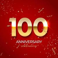 årsdag firande dekoration. gyllene nummer 100 med konfetti, ballonger, glitter och streamerband på röd bakgrund. vektor illustration