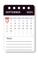 September 2024 Hinweis Kalender Vorlage. Vektor Design