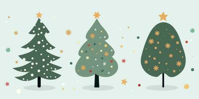 söt, härlig tecknad serie jul träd med stjärna, snöflinga och struntsak dekoration. vektor