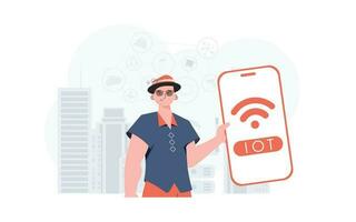 iot und Automatisierung Konzept. ein Mann hält ein Telefon mit das iot Logo im seine Hände. Vektor Illustration im eben Stil.