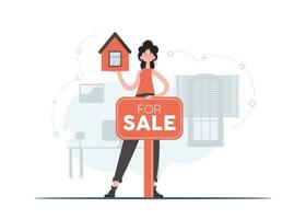 en kvinna står i full tillväxt och innehar en modell av de hus. fast egendom för försäljning. platt stil. element för presentationer, webbplatser. vektor