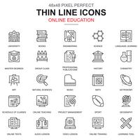 Dünne Linie Online-Bildung, E-Learning, E-Book-Icons Set vektor