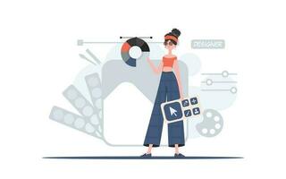 en kvinna står i full tillväxt med en Färg hjul i henne händer. design. element för presentation. vektor