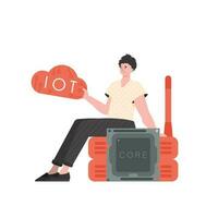 das Kerl sitzt auf das Router und hält das Internet von Dinge Logo im seine Hände. Internet von Dinge Konzept. isoliert. Vektor Illustration.