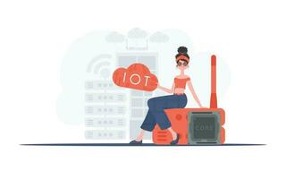 Internet von Dinge Konzept. ein Frau sitzt auf ein Router und hält das Internet von Dinge Logo im ihr Hände. Vektor Illustration.