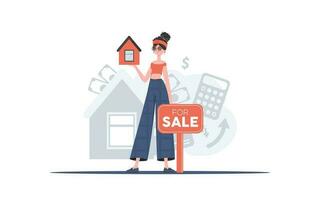 ein Mädchen mit ein zum Verkauf Zeichen hält ein klein Haus im ihr Hände. Verkauf ein Haus oder echt Anwesen. modisch Stil. Vektor Illustration.