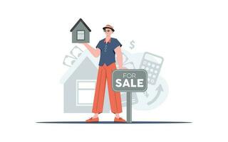 en man med en för försäljning tecken innehar en små hus i hans händer. verklig egendom försäljning begrepp. trendig stil. vektor illustration.