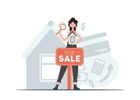 en kvinna står i full tillväxt med en hus attrapp och en försäljning tecken. fast egendom Sök. platt stil. element för presentationer, webbplatser. vektor