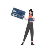 en kvinna står i full tillväxt med en nasse Bank och en kreditera kort i henne händer. isolerat. platt stil. element för presentationer, webbplatser. vektor