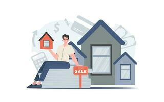 en man sitter på en berg av dokument och innehar en små hus i hans händer. verklig egendom försäljning begrepp. trendig stil. vektor illustration.