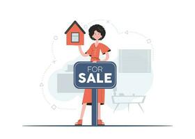 en kvinna står i full tillväxt är engagerad i de försäljning av en hus. fast egendom för försäljning. platt stil. element för presentationer, webbplatser. vektor