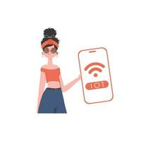 das Mädchen ist halten ein Telefon mit das iot Logo im ihr Hände. Internet von Dinge Konzept. Vektor Illustration im eben Stil.
