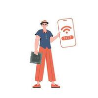 das Kerl ist halten ein Telefon mit das iot Logo im seine Hände. Internet von Dinge Konzept. Vektor Illustration im modisch eben Stil.