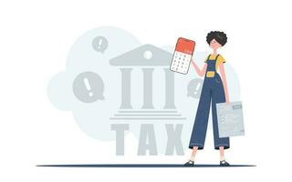 ein Frau hält ein Taschenrechner und ein MwSt bilden im ihr Hände. das Konzept von Zahlung und Berechnung von Steuern. Trend Stil, Vektor Illustration.
