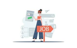 ein Frau hält im ihr Hände ein bestanden Prüfung zum ein freie Stelle. Job Suche und Mensch Ressource Konzept. Trend Stil, Vektor Illustration.