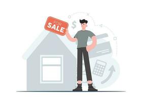 en man står i full tillväxt mot de bakgrund av en hus den där är för försäljning. fast egendom för försäljning. platt stil. element för presentationer, webbplatser. vektor