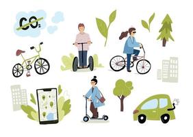 eco urban city transport set. kvinna som rider på elektriska sparkcyklar med hjälp av mobilappen för uthyrningsservice. transport ekologi koncept vektor