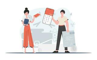 ein Mann und ein Frau Stand halten ein Taschenrechner und ein MwSt bilden im ihr Hände. das Studie von Steuern. Element zum Präsentation. vektor