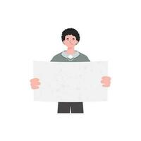 en man står midjedjup och visar ett tömma ark. isolerat. platt stil. element för presentationer, webbplatser. vektor