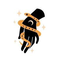 esoterische magische Hände mit Schlange, Mond und Sternen auf weißem Hintergrund. mystische Astrologie flache Vektorgrafik. einfaches feminines Logo-Design für Karte, Poster, Einladung, Spa vektor