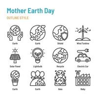 Tag der Mutter Erde im Umriss-Symbol und Symbolsatz vektor