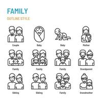 Familie im Umrisssymbol und Symbolsatz vektor