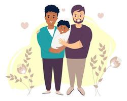 Vatertag ein schwuler Mann adoptiert ein Kind zwei glückliche Männer, dunkelhäutig und hellhäutig halten ein Neugeborenes vektor
