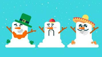 Schneemann mit Mexikaner Hut und Schnurrbart und Karotte Nase, tragen Chinesisch Hut, süß Schneemann tragen Irland Hut mit Grün Kleeblatt, eben Benutzerbild Vektor