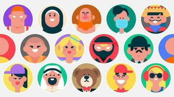 användare ikoner av män och kvinnor av annorlunda nationaliteter på Flerfärgad bakgrund, människor avatars uppsättning, Lycklig användare i cirklar, annorlunda runda ansikte profiler, platt vektor avatars