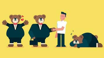 Teddy Bär tragen schwarz passen und geben ein Umarmung mit Gefühl Liebe, Geschäftsmann Bär tragen Jobfall und Shake Hand mit normal Kerl, braun Bär Schlafen auf das Boden, eben Benutzerbild Vektor Illustration.