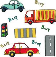 Kinder- Illustration mit Autos, der Verkehr Beleuchtung und Straßen. vektor