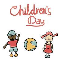 Kinder- Tag Planet und Junge mit Mädchen Hand gezeichnet vektor