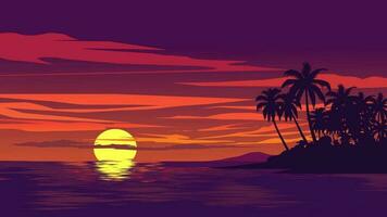 vektor tropisk strand solnedgång landskap med färgrik lysande himmel och handflatan träd