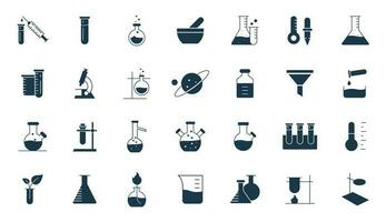 vetenskap laboratorium Utrustning ikon uppsättning. apotek labb glas, bägare, testa rör, glas, och flaska vektor illustration