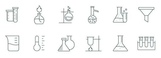 laboratorium glas ikon uppsättning. kemi eller vetenskap forskning labb Utrustning bägare, flaska, testa rör för mikrobiologi översikt vektor