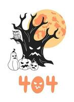 halloween träd med skrämmande pumpor, full måne svart vit fel 404 blixt meddelande. svartvit tömma stat ui design. sida inte hittades dyka upp tecknad serie bild. vektor platt översikt illustration begrepp