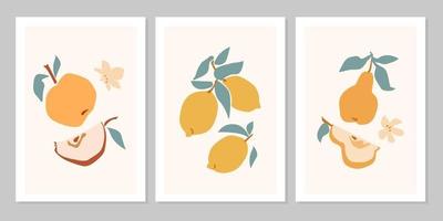 handgezeichnetes Set abstraktes Boho-Poster mit tropischen Früchten Zitrone, Apfel, Birne, Flowe isoliert auf beigem Hintergrund. flache Vektorgrafik. Design für Muster, Logo, Poster, Einladung, Grußkarte vektor