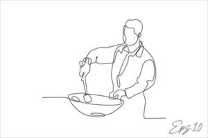 kontinuerlig linje vektor illustration av kock är matlagning